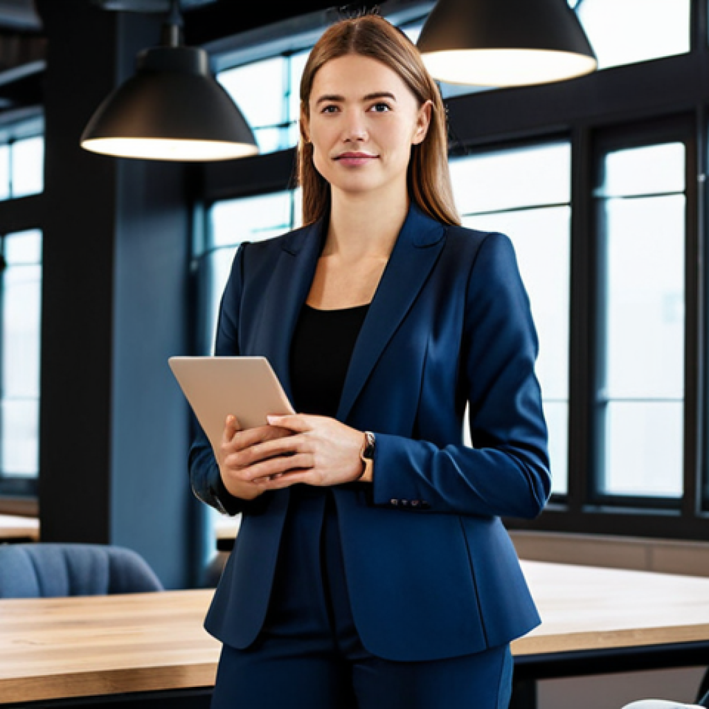 Successful Entrepreneur**
A professional woman in a tailored business suit, confidently standing in a modern co-working space, laptop in hand, fully clothed, appropriate attire, safe for work, perfect anatomy, natural proportions, professional photography, high quality.
**