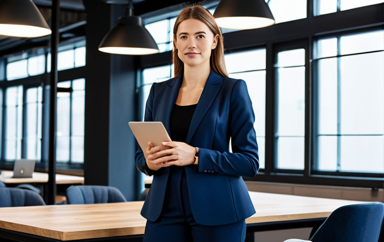 Successful Entrepreneur**
A professional woman in a tailored business suit, confidently standing in a modern co-working space, laptop in hand, fully clothed, appropriate attire, safe for work, perfect anatomy, natural proportions, professional photography, high quality.
**