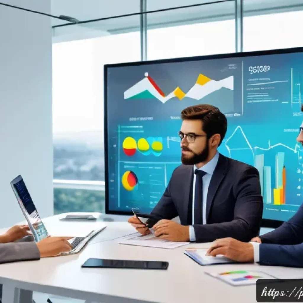 정량적 데이터 분석 소프트웨어 비교 - A modern office scene featuring a diverse team of professionals collaboratively analyzing quantitati...